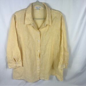 Coldwater Creek Yellow & White Striped Linen Button-Down Shirt Beachy coastal